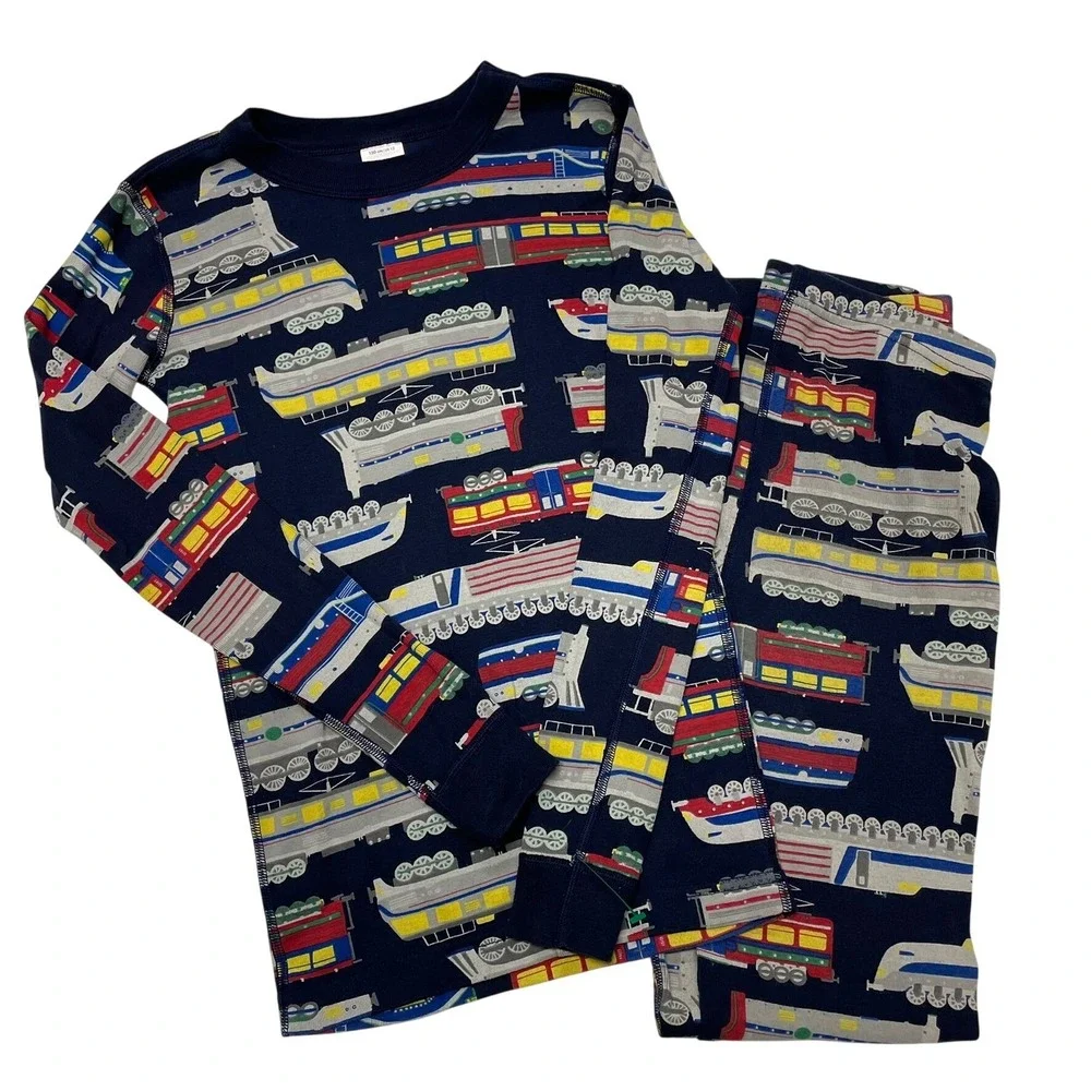 Hanna Andersson Pajama Set Navy Blue Train Print Boys Size‎ 12 Sleepwear